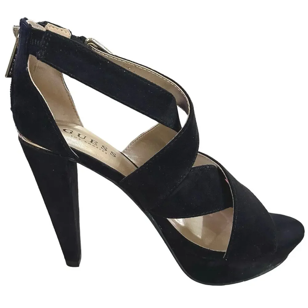 Guess strappy‎ sandal block chunky heels   Criss cross  size 6.5 suede leather
